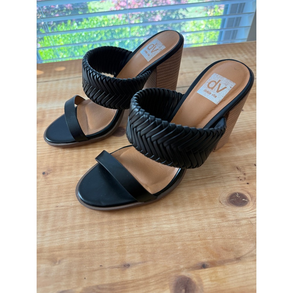 DV Dolce Vita Bambi Sandals Womens 8.5 Black Braided Two Strap Block Heel Mules